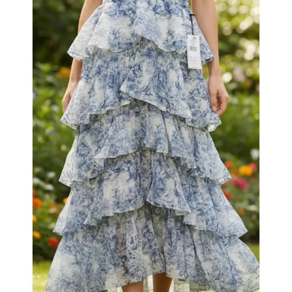 1.state womens size 4 small maxi long tiered dress blue white fairy boho
